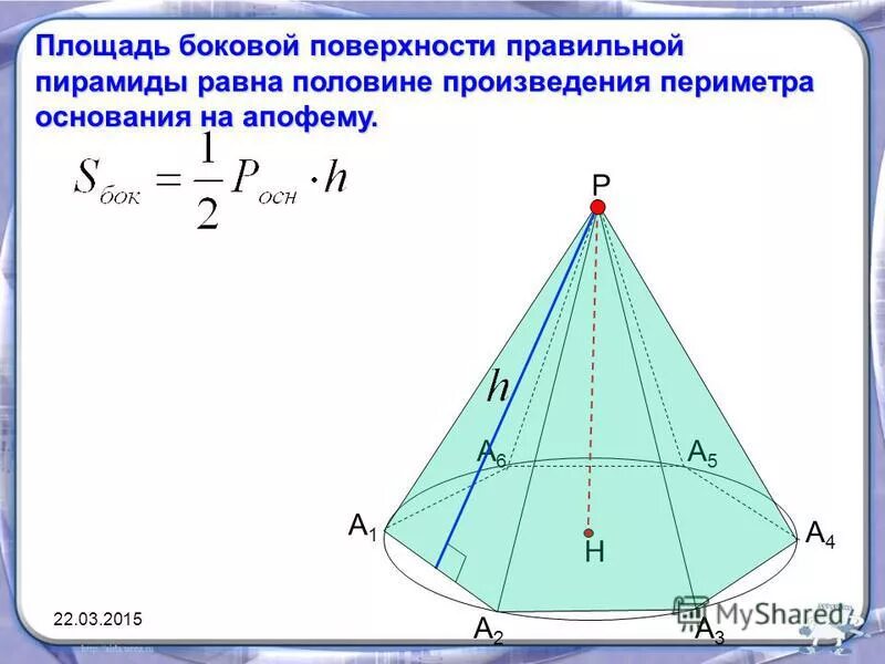 Половина произведения периметра основания на апофему. Площадь боковой поверхности правильной пирамиды. Площадь поверхности боковой поверхности пирамиды. Периметр боковой поверхности пирамиды формула. Площадь пирамиды апофема.