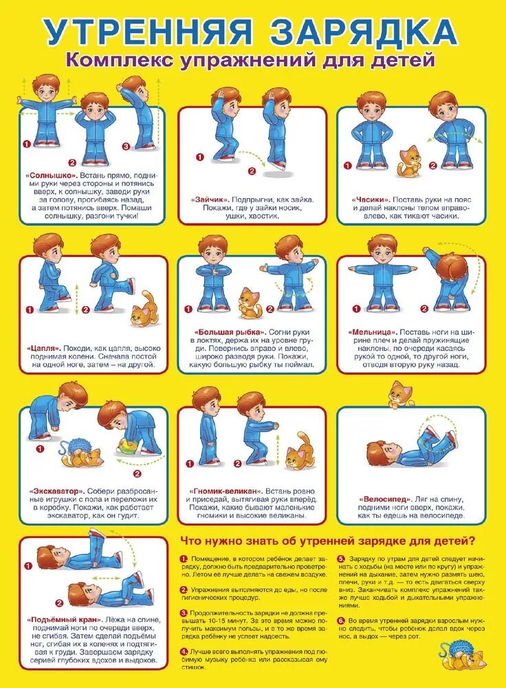 Комплекс упражнений для детей. Утренняя зарядка для детей. Упрождениядля утренейзарядки. Упражнения для утренней зарядки для детей. Упражнений для детей утренняя гимнастика