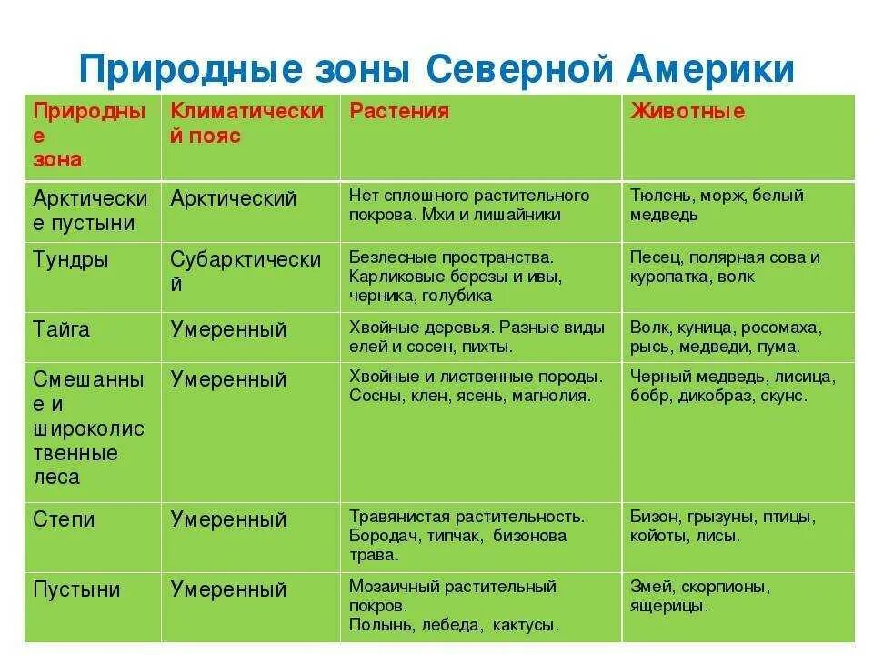 Природная зона условия растения животные таблица