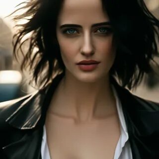 Portrait draw beautiful Ева Грин dark hair, gray eyes, open shirt, lachs, o...