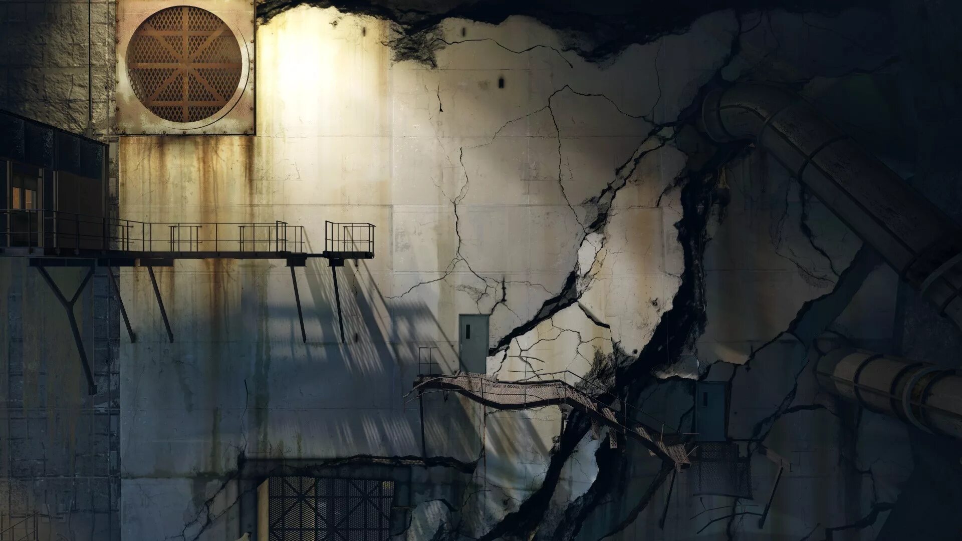 Игра Portal 2. Разрушенная лаборатория фон. Подземный комплекс арт. Стена лаборатории.