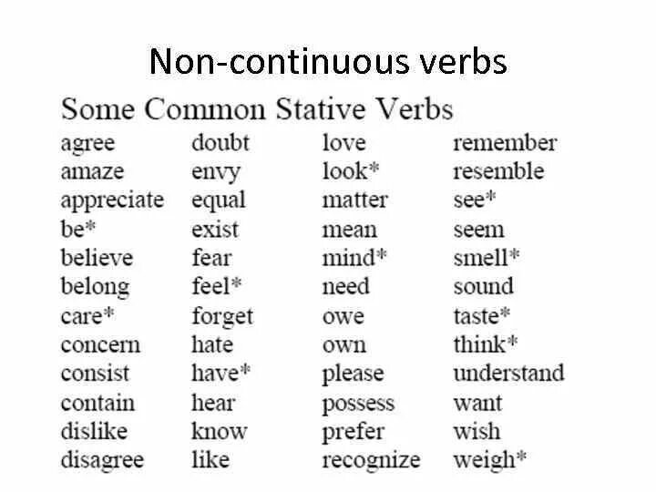 Стативные глаголы в английском. Глаголы Stative verbs. Стативные глаголы в английском языке таблица. Глаголы Stative verbs список. Глаголы исключения в английском