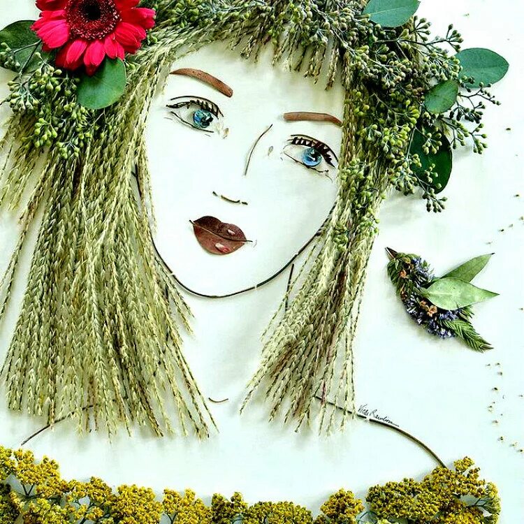Природные образы. Портреты из листьев Vicki Rawlins. Брук Роулинс. Ошибана Вики Роулинс. Портрет из природного материала.