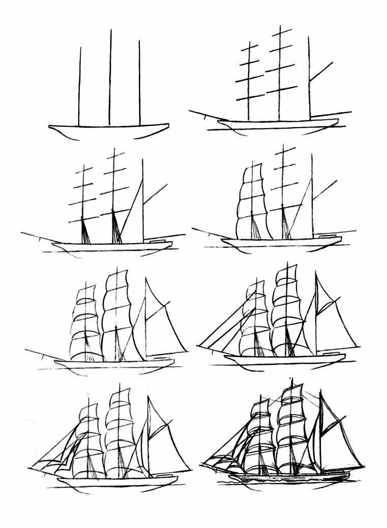 Какой корабль изображен на рисунке. Парусник рисунок. Поэтапный рисунок корабля. Эскизы кораблей карандашом. Парусник рисунок карандашом.