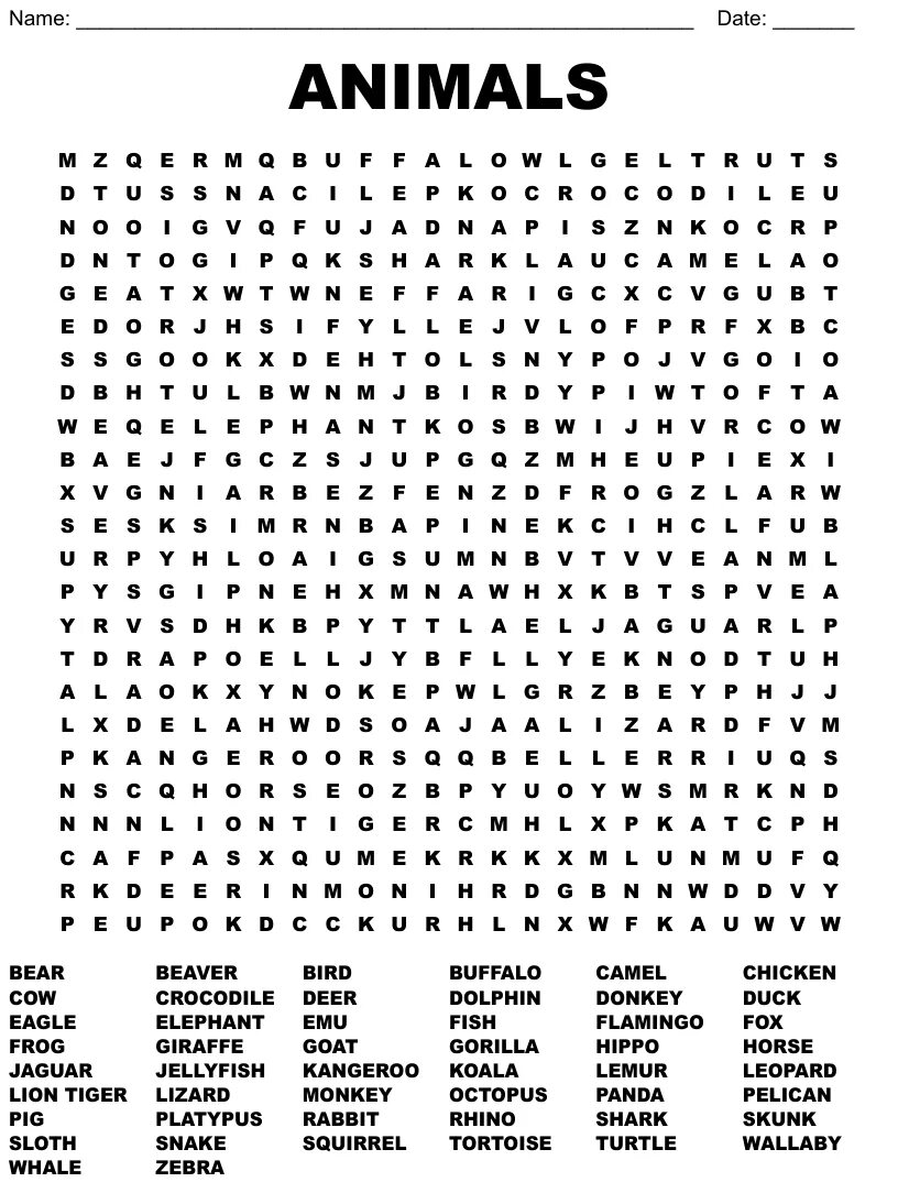 Animals wordsearch