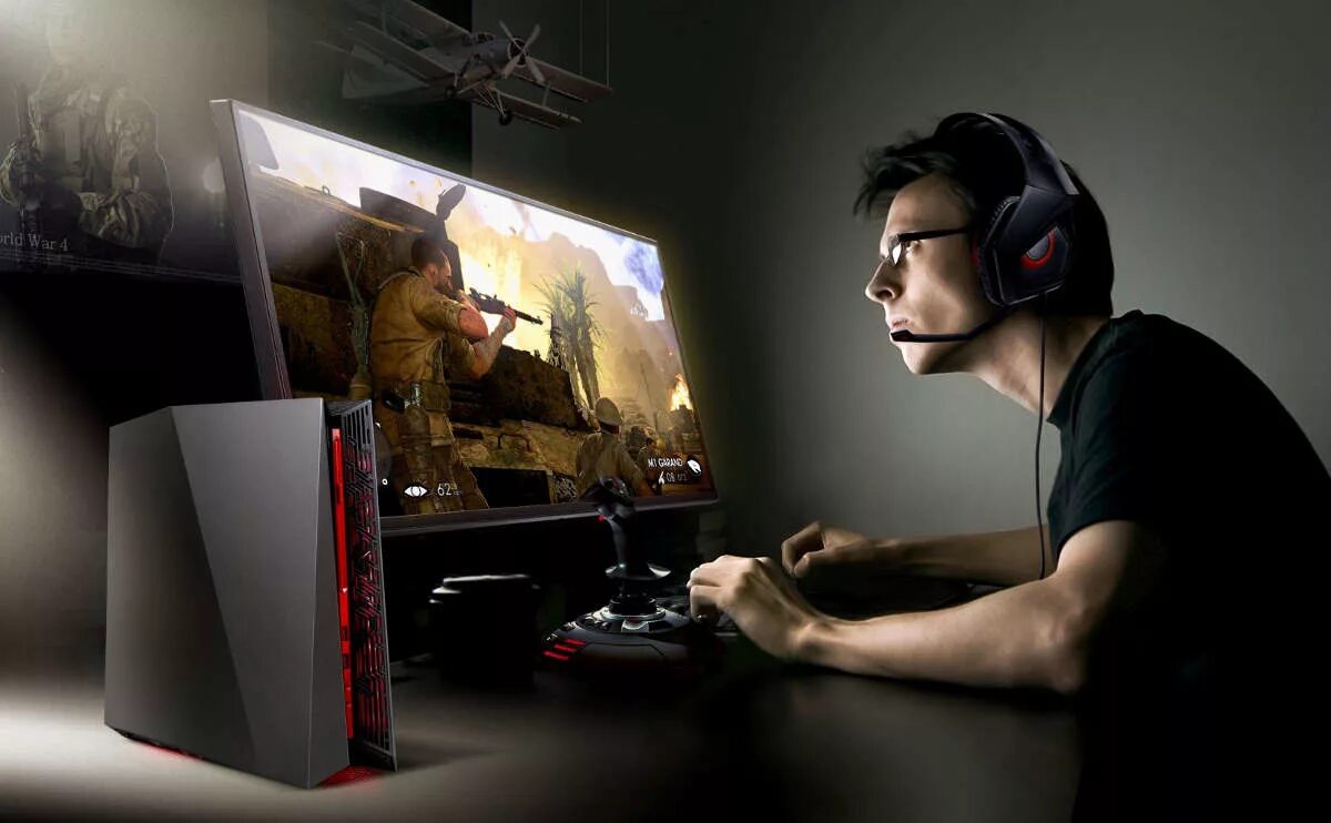 Моник 240 гц. Один человек играет в приставку. Игровой компьютер. Геймер за компьютером. Wolfenstein: the new order.