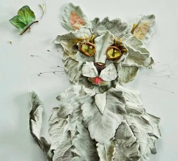 Как сделать котика из листьев. Кошка из листьев. кот из листьев.