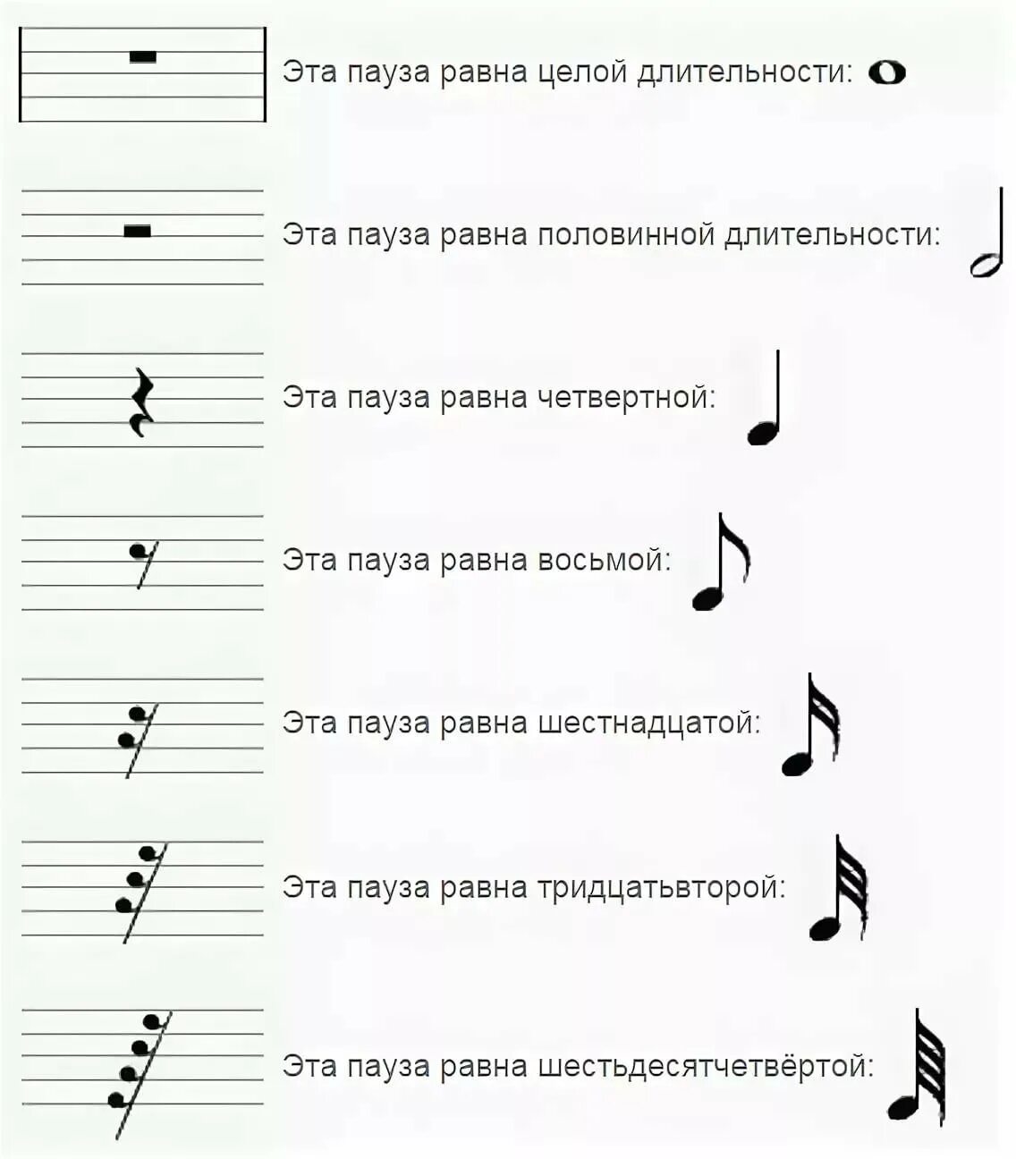 Длительность пауз в нотном стане. Обозначения пауз на нотном стане. Музыкальные паузы сольфеджио длительности. Обозначение длительности нот на нотном стане. Значок е в музыке