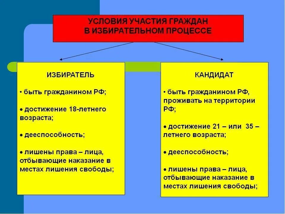 Условия участия в выборах РФ. Избирательное право схема.
