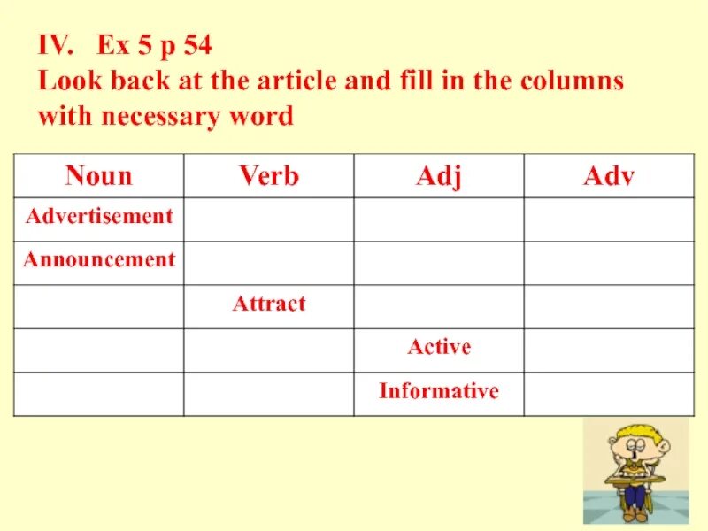 Advertise verb. Fill in the columns 4 класс. Fill in the necessary Words. Look Noun. Make a necessary word