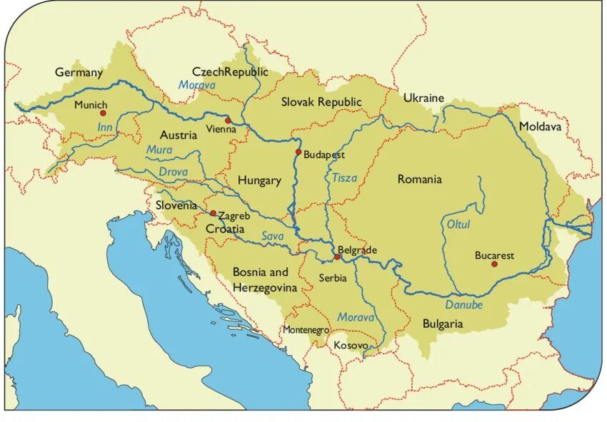 Страны через которые протекает дунай. Бассейн реки Дунай. Река Дунай на карте Украины. Дунай на карте Румынии. Исток реки Дунай на карте.