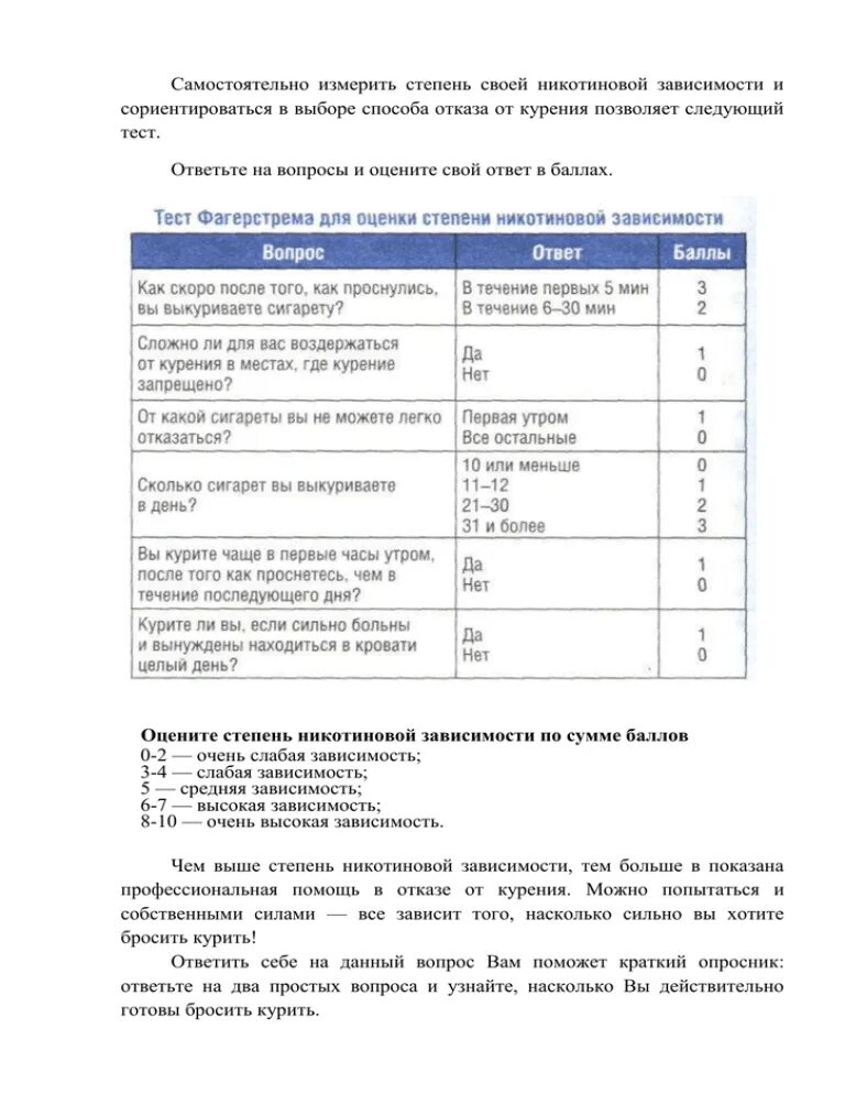 Тест на определение никотиновой зависимости. Тест на определение никотиновой зависимости