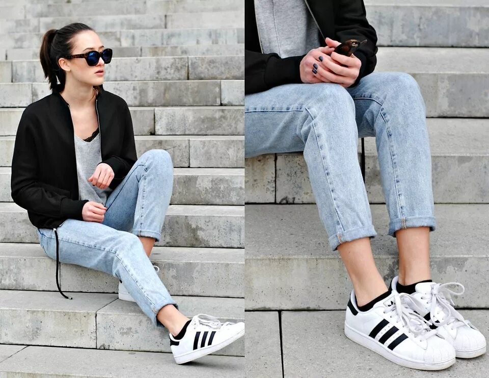 Адидас суперстар. Adidas Superstar White с джинсами. Чёрные адидас суперстар с джинсами. Кроссовки адидас в стиле Кэжуал. Сколько лет кроссовки