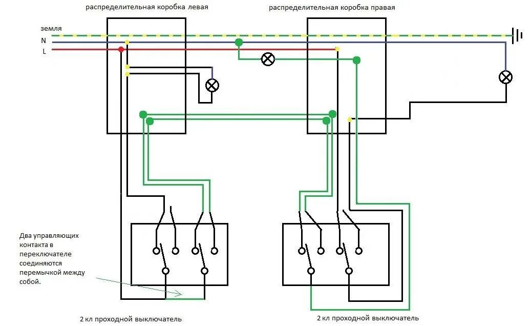 Подключение двухклавишного проходного выключателя схема с 2 мест. Схема подключения двухклавишного проходного переключателя с 2 мест. Схема подключения проходного выключателя с 2х мест двухклавишный. Схема подключения 2х клавиши выключателя проходной. Как подключить перекрестный выключатель