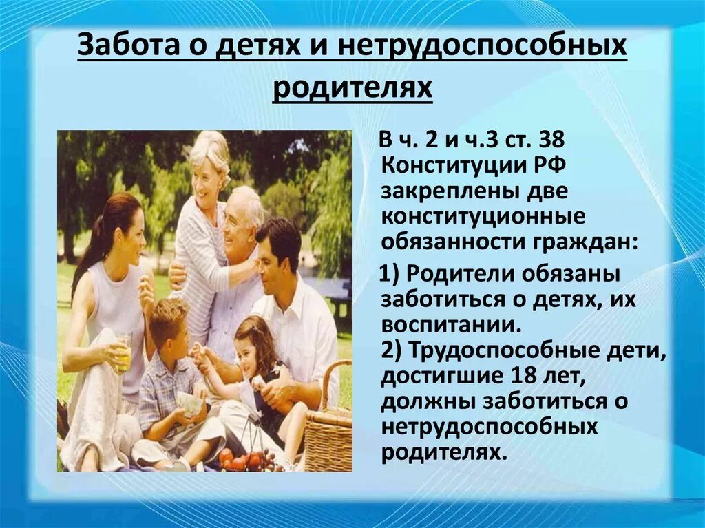 Забота о детях и нетрудоспособных родителях. Обязанность заботиться о детях. Дети обязаны заботиться о родителях. Забота о себе классный час.