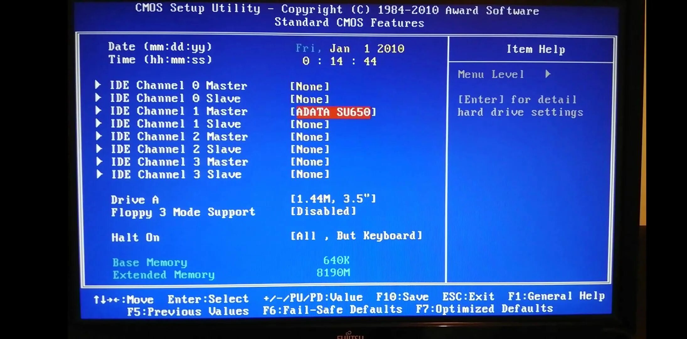 Disk failure. Ssd disk boot. ssd disk boot failure. 1) standard cmos features. cmos setup utility copyright 1984-2010 award software usb keyboard configuration.