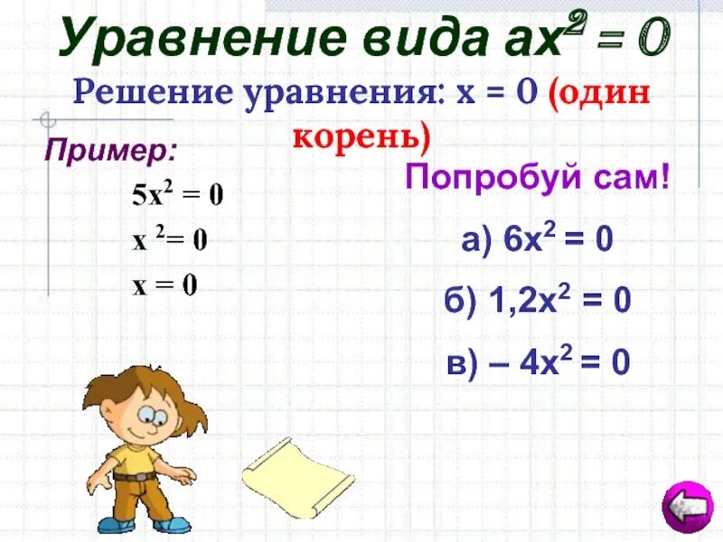 Квадратное уравнение с одним корнем пример. Виды уравнений. Ах б 0 х