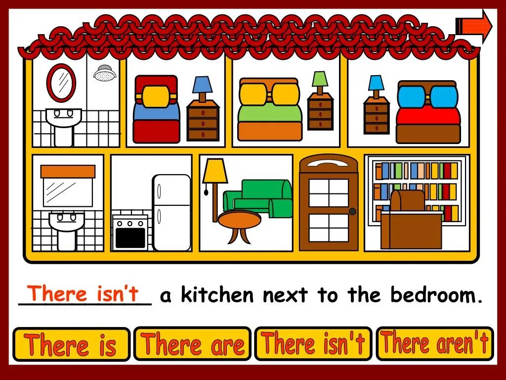 There are four rooms in the house. There is there are игра. There is there are for Kids упражнения. There is there are настольная игра. There is there кухня.