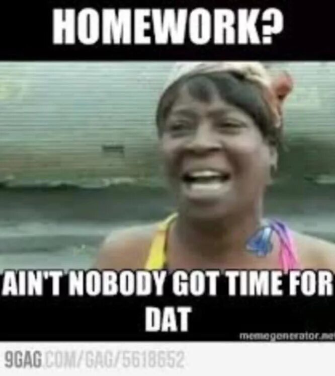 Nobody got it. For that. Ain't nobody got time for dat. Homework funny. Nobody got it.