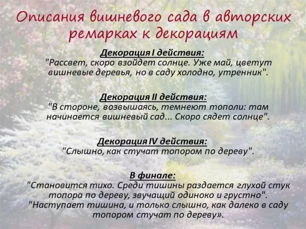 Перерыв между действиями спектакля. Вишневый сад 1904. Ремарки вишневый сад. Ремарки в пьесе вишневый сад. Роль авторских ремарок в пьесе вишневый сад.