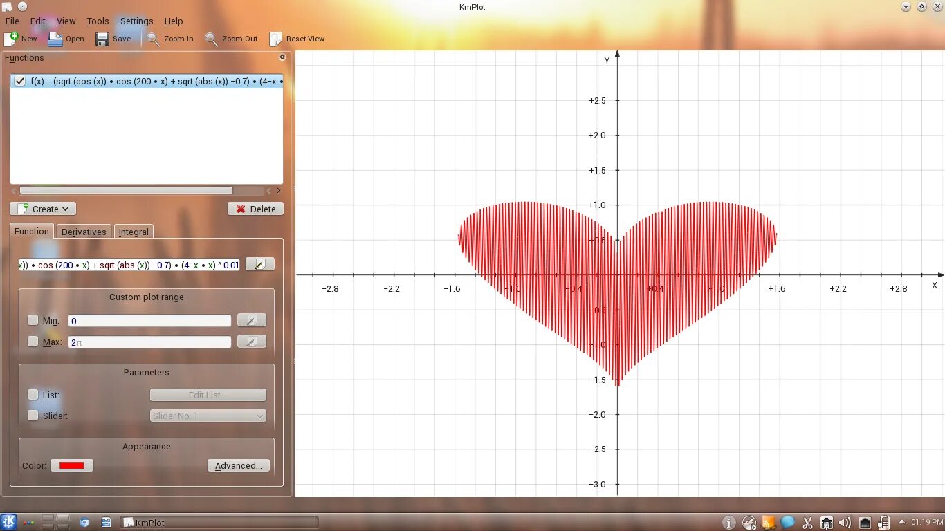 (Sqrt(cos(x)) cos(75x)+sqrt(ABS(X))-.7)(4-X*X)^.2,. Sqrt (cos (x)) cos (300x) + sqrt (ABS (X)) - 0.7) (4-X * X) ^ 0.01 sqrt (6- x ^ 2) from-4.5 to 4.5. Sqrt( cos( x))* cos( 200* x)+ sqrt( ABS( X))- 0.7)* (4- X* X)^ 0.2042. Sqrt(cos(x))200*x+sqrt(ABS(X))-0.4)*(4-X*X)^0.1. Sqrt x 4 0