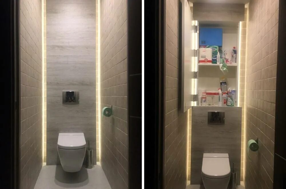 Какой под в туалете. Туалет с инсталляцией и шкафом. Туалет со встроенным шкафом. Шкаф за унитазом с подсветкой. Интерьер туалета.