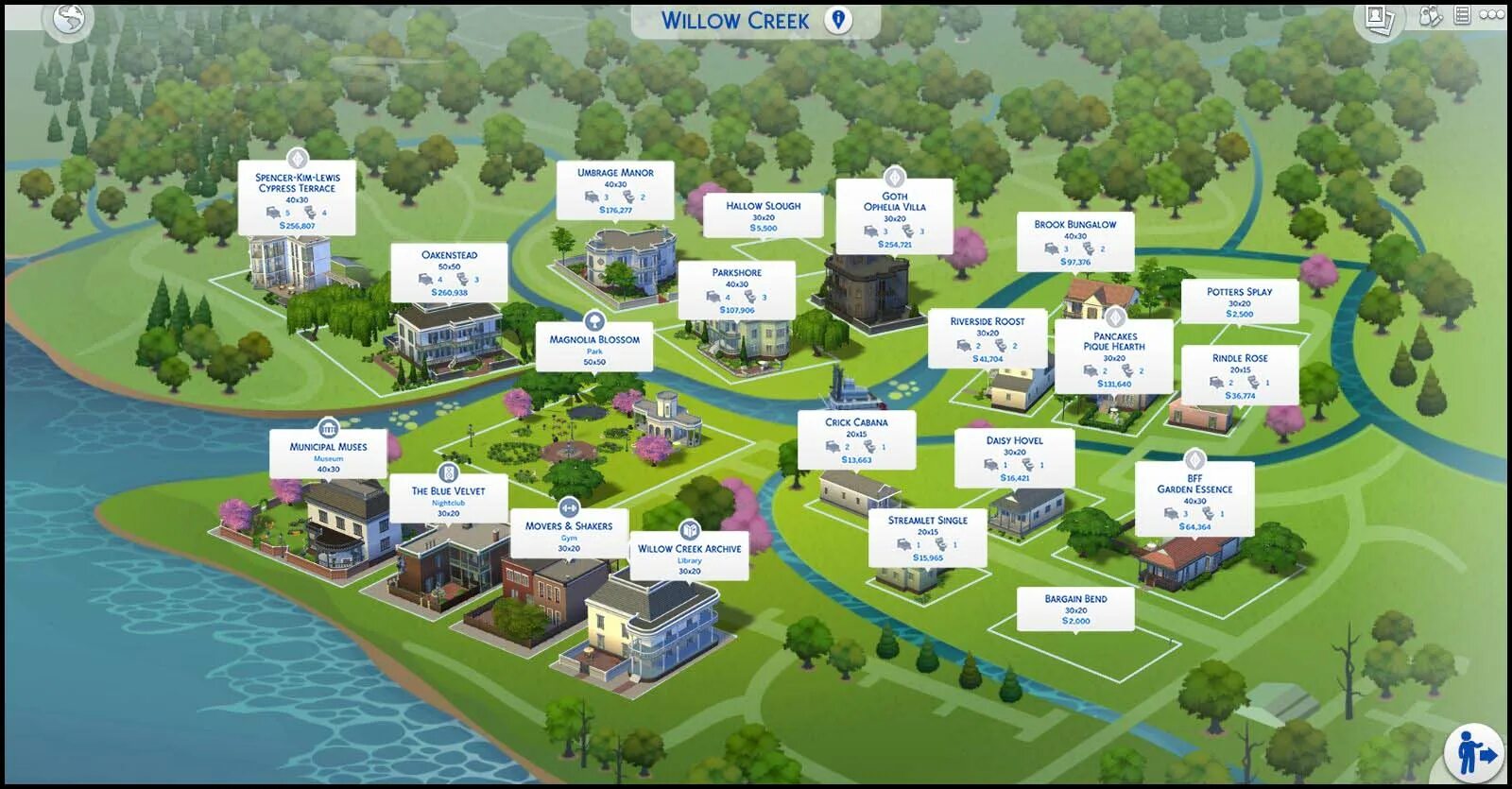Симс 4 параметры. Симс 4 виллоу крик участки. карта виллоу крик симс 4. willow creek sims 4 map. виллоу крик симс 4 размеры участков.