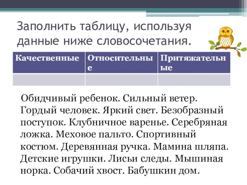 Использую данное ниже начало. Заполните таблицу используя данные ниже словосочетания. качественные словосочетания. занизить словосочетание. серебряная ложка разряд прилагательного.