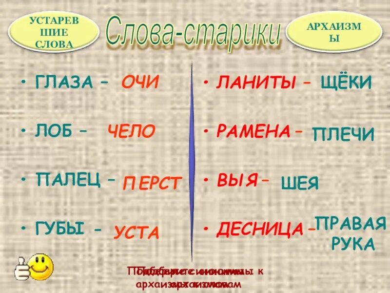 Подберите синонимы к словам лицо. Архаизмы с синонимами. Око это устаревшее слово. Чело синоним. Лоб устаревшее слово.