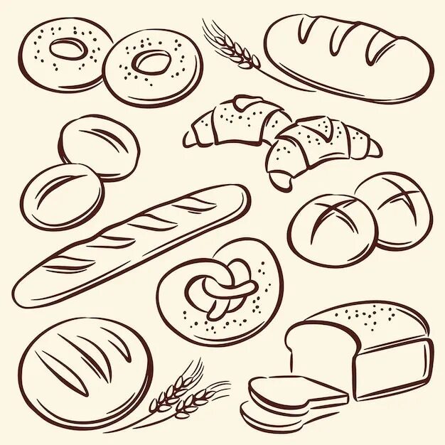 График дифференциального уравнения выпечки хлеба рисунок выпечки Croissant, Bagels, Ear, Pretzels Seamless Pattern. Doodle Vector Stock Vector