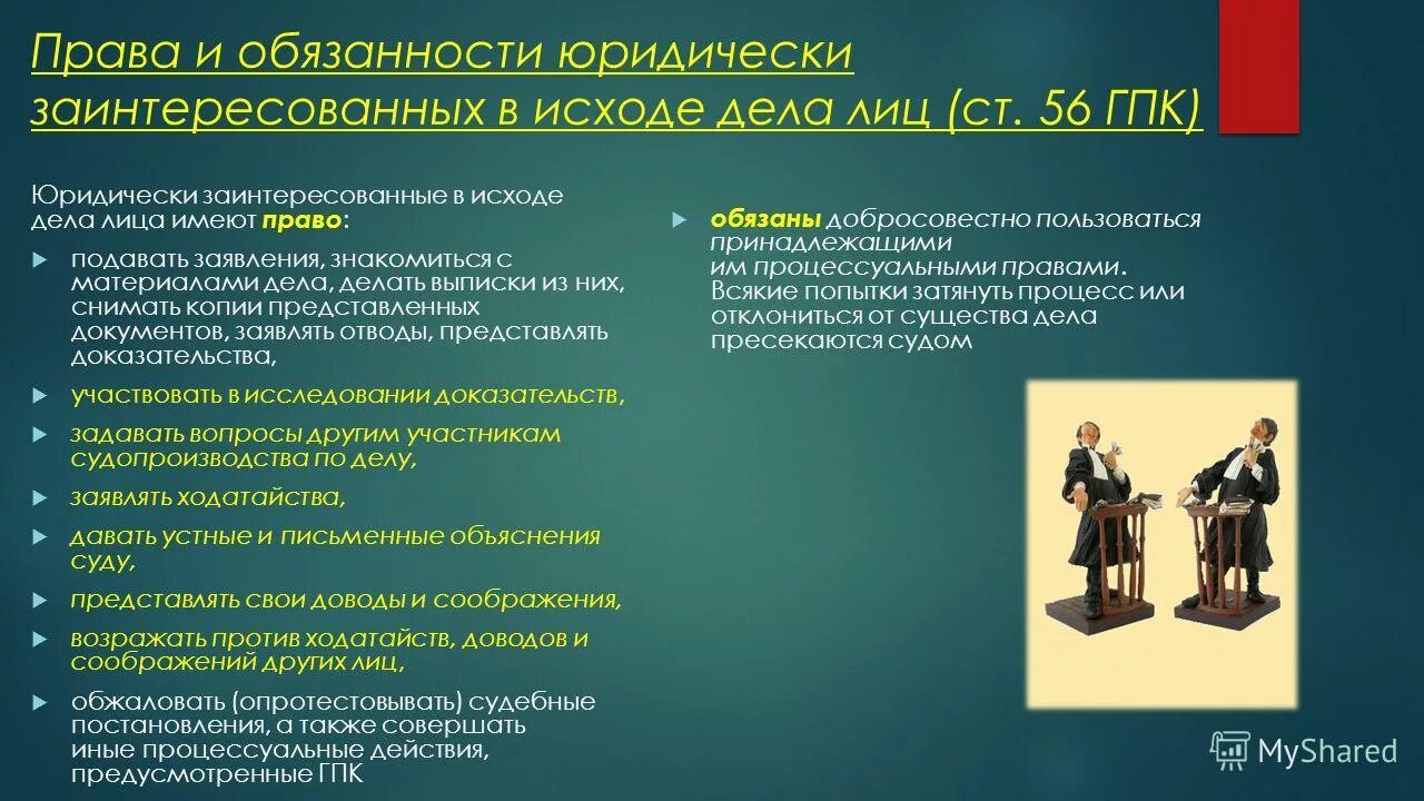 Обязанности лиц гпк. Процессуальные права и обязанности сторон в гражданском процессе. процессуальные действия ответчика. права и обязанности ист. процессуальные действия истца.