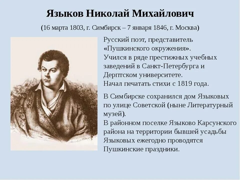 Язык произведение народа. Языков Ульяновск поэт.