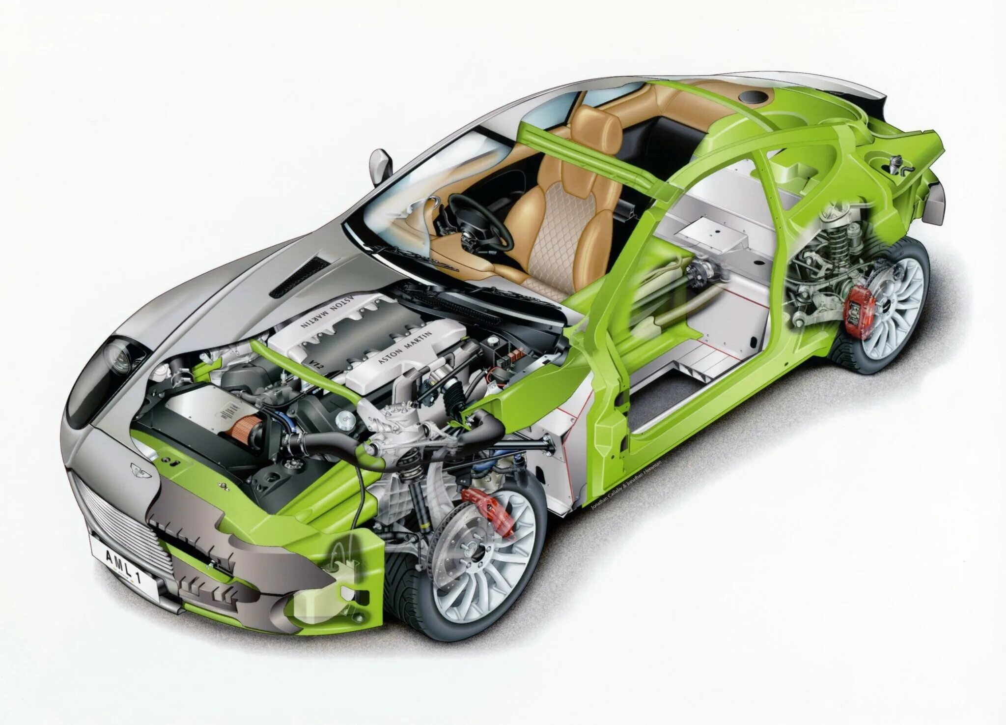 Внутренности автомобиля. Aston martin vanquish 2001. машина в разрезе. детали автомобиля. разобранная машина.