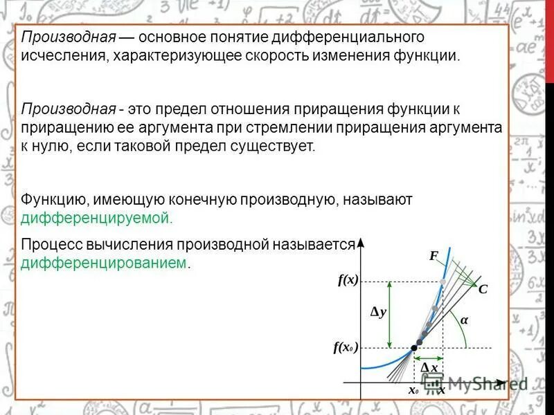 Скорость изменения производной. Первая производная функции характеризует. Производная это отношение приращения функции к приращению аргумента.