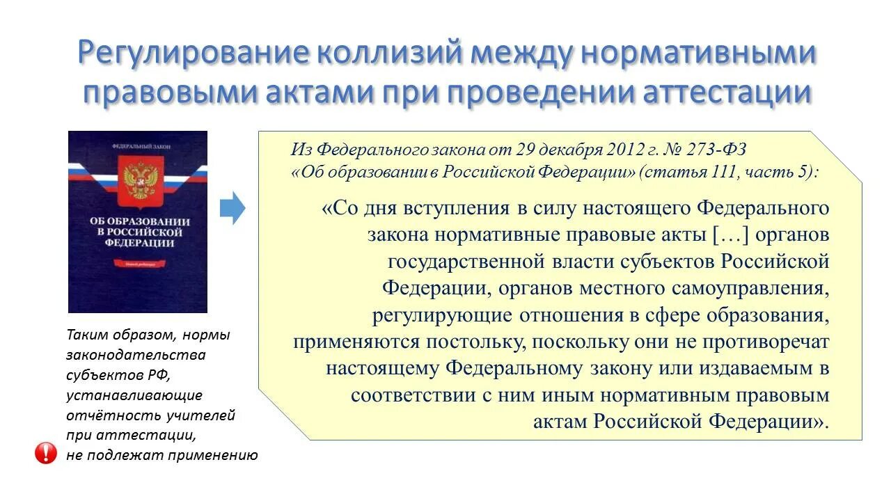 Актов субъектов федерации федеральному законодательству. Пример коллизии нормативно правовых актов. Правовая коллизия. Правовой акт при аттестации. НПА по Федеральным законам 273-ФЗ.