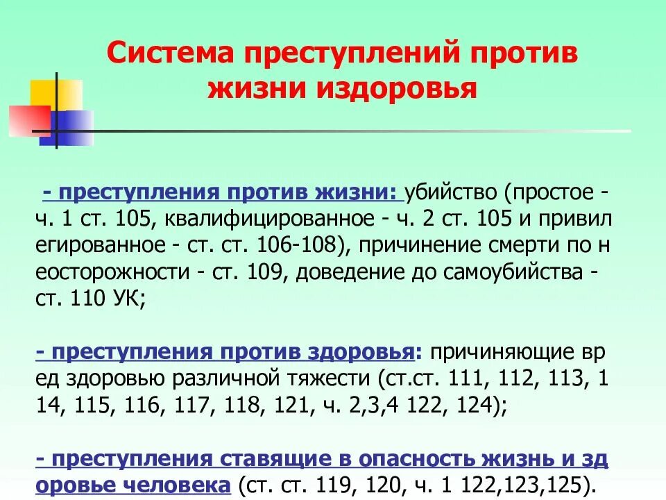 Виды преступлений против жизни и здоровья.