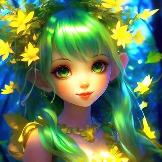 Аниме, красивая лесная нимфа, милое лицо, огромные глаза, длинные ресницы, ...