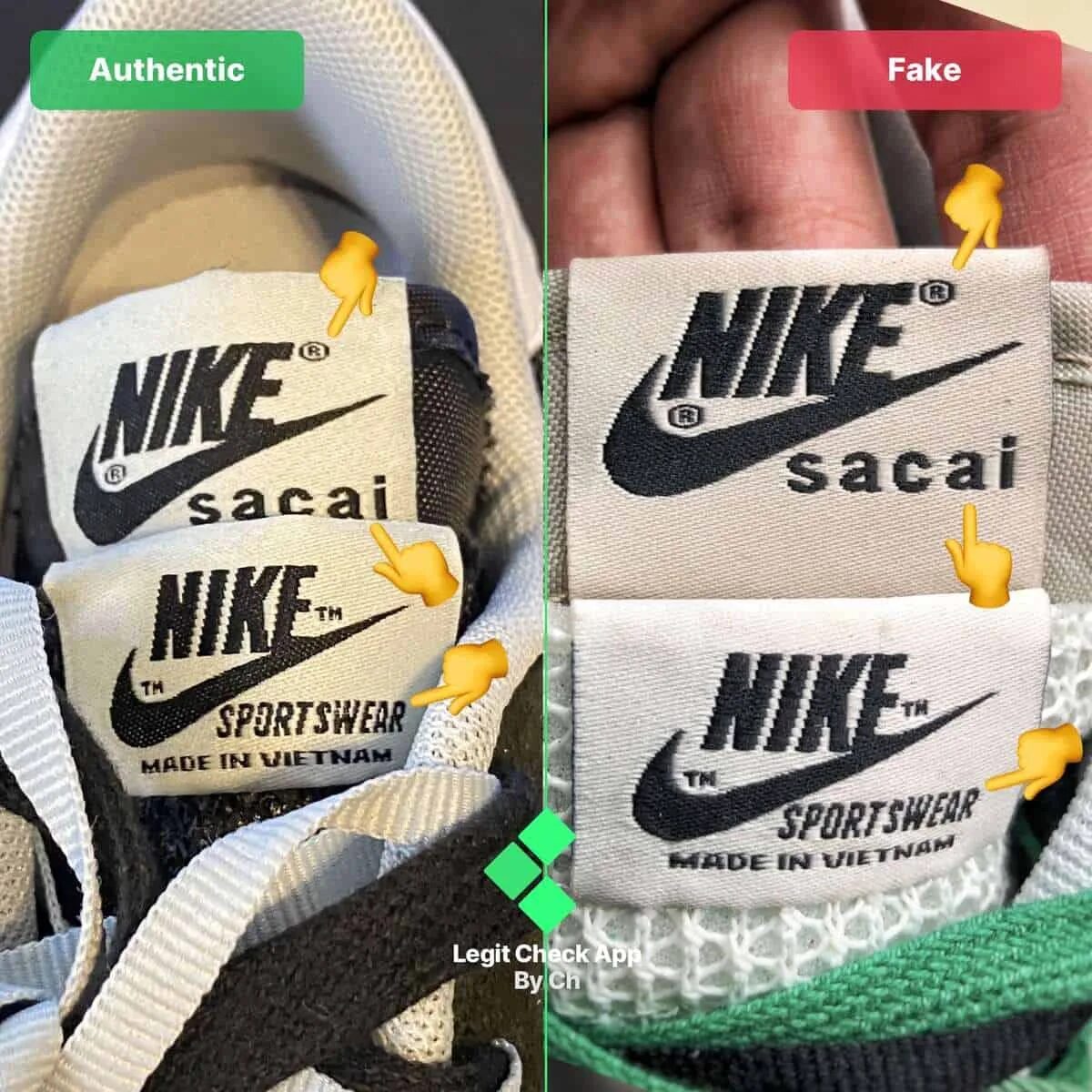 Как отличить nike. Nike Sacai Waffle real fake. Найк оригинал.