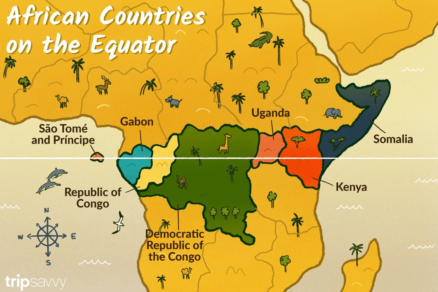 Экватор Африки. Equator line. Countries on the Equator. Africa on Equator