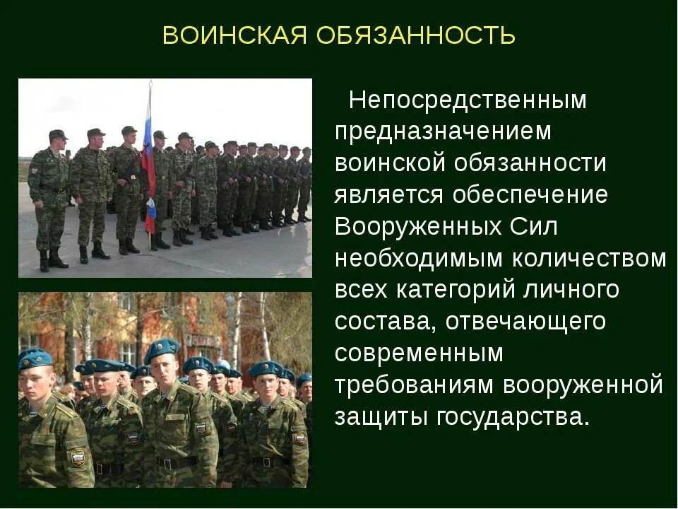 Исполнение воинской обязанности в рф. Воинская обязанность и Военная служба ОБЖ 10 класс. Основные понятия о воинской обязанности ОБЖ 11 класс. Воинская обязанность презентация. Военная обязанность презентация.