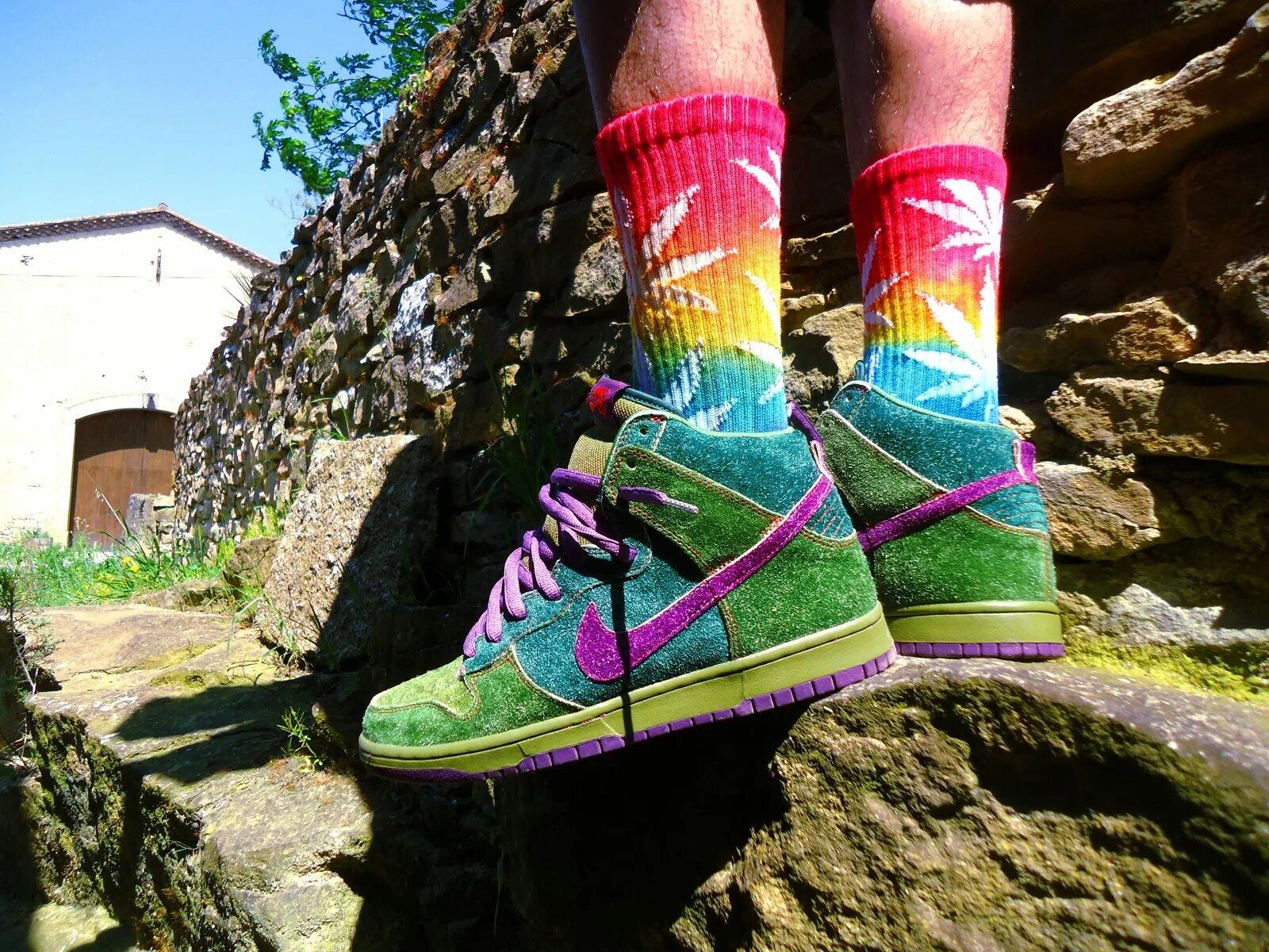 Развлечение обувь. Nike Dunk Weed Shoes. Носки HUF Dunk Skunk. Цветные носки с кроссовками. Кроссовки с цветными носками.