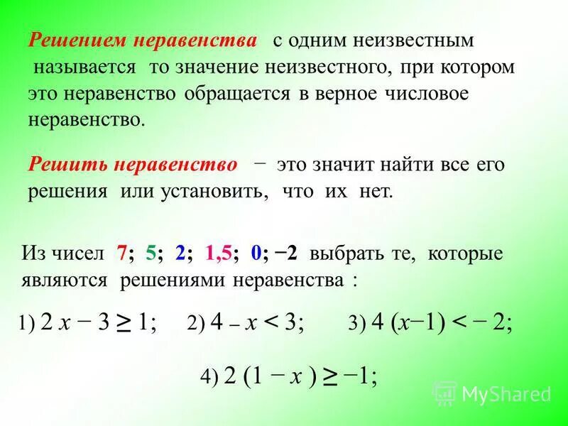 Решение неравенства любое число. Решение неравенств. Что является решением неравенства. Что значит решить неравенство. Решение неравенств с неизвестным.