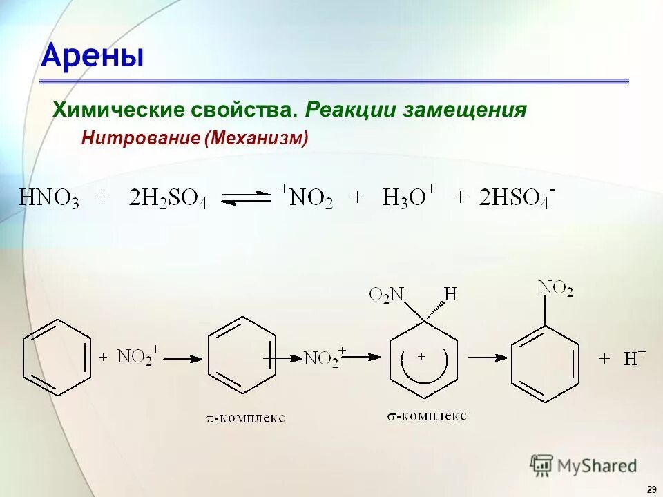 Бензол реагирует с азотной кислотой