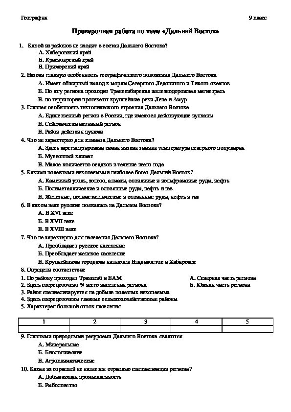 Контрольная работа по географии 9 класс. Контрольная работа Дальний Восток. Тест по географии 9 класс Дальний Восток. Проверочные работы по географии 9 класс.