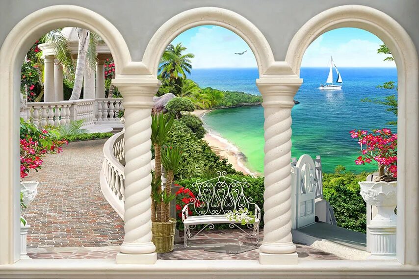 3д арка. Фреска с колоннами. Фотообои балкон с видом в сад. Арка с колоннами вид с моря. Фотообои расширяющие пространство.