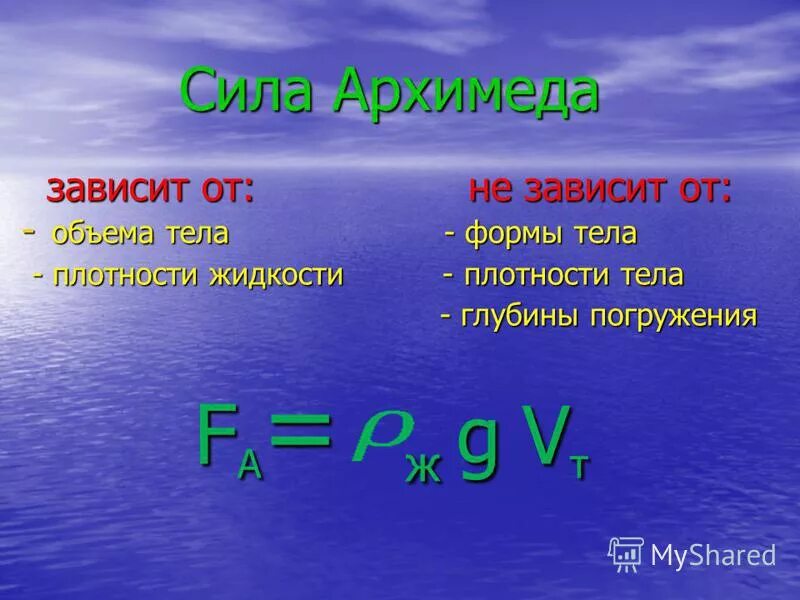 Презентация сила архимеда 7. Сила Архимеда. Презентация на тему Выталкивающая сила. Сила Архимеда зависит от. От чего зависит сила Архимеда.