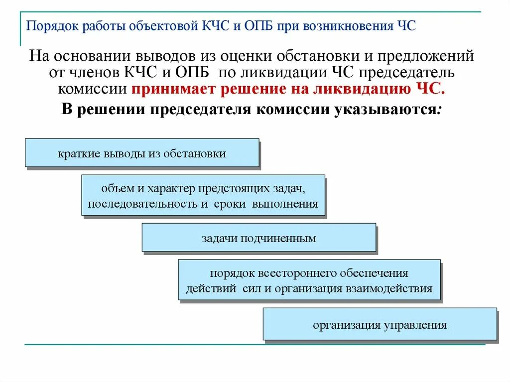 Решение председателя кчс. Задачи объектовых комиссий чс и опб. основные задачи кчс и опб организации. кто возглавляет комиссию по предупреждению и ликвидацию чс.