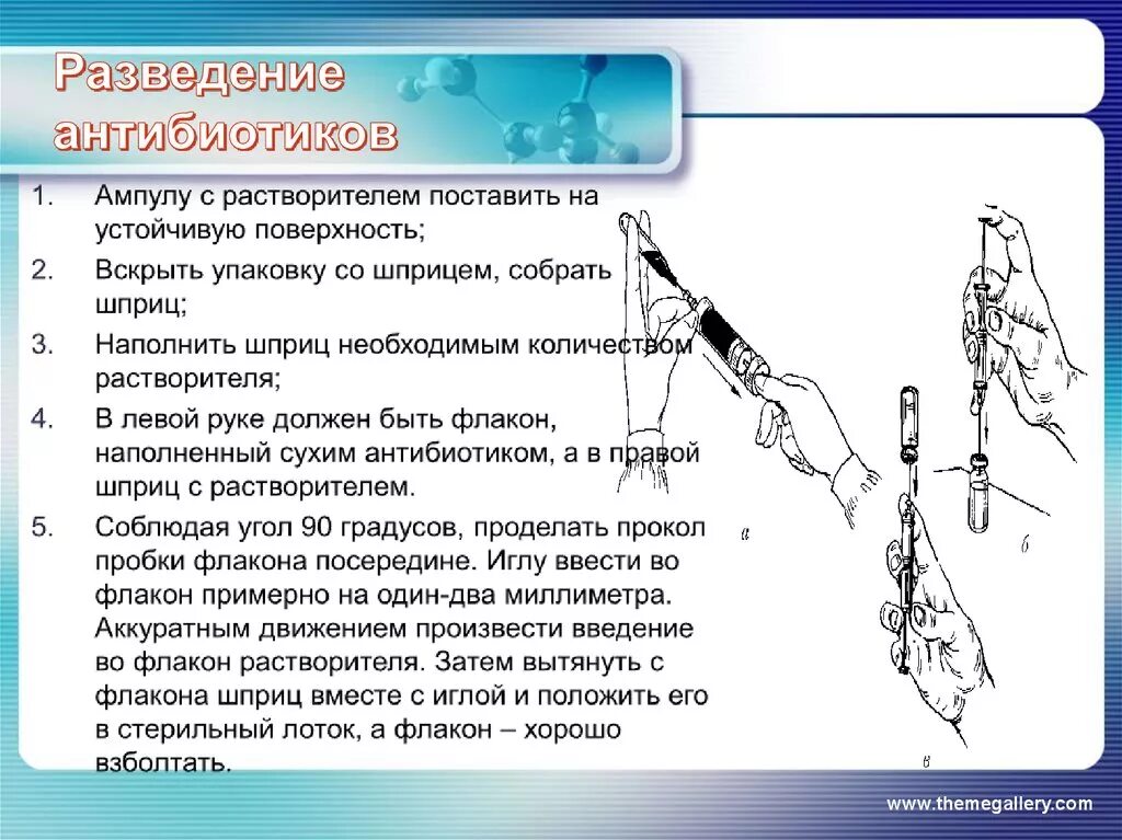 Разведение инъекции. Набор антибиотика в шприц алгоритм. Манипуляция разведение антибиотиков. Методика разведения и введения антибиотиков. Алгоритм выполнения инъекции антибиотика.