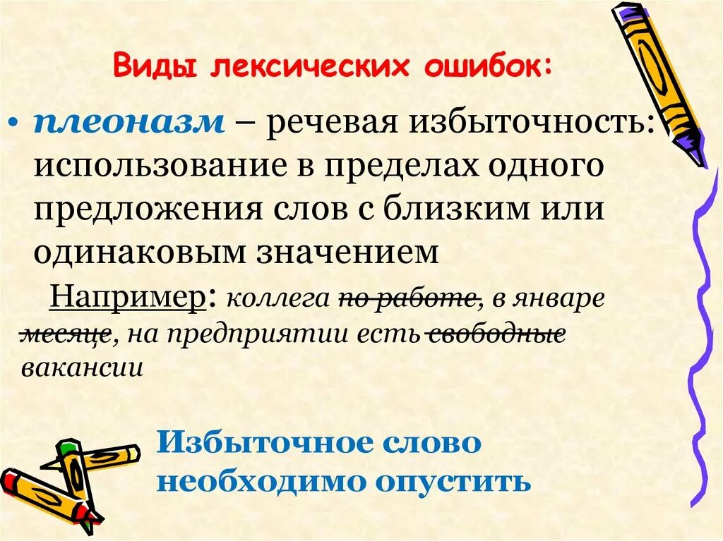 Местоимения устранение речевых ошибок 6 класс презентация. Виды лексических ошибок. Плеоназм это лексическая ошибка. Речевая избыточность. Избыточность речи примеры.