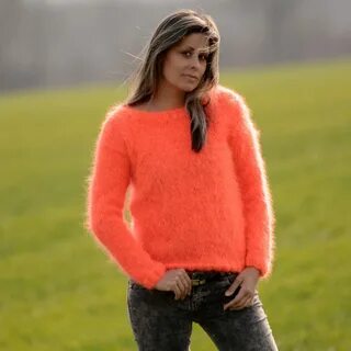 Hand Knittted Mohair Sweater Orange. woolovers cotton jumpers. 